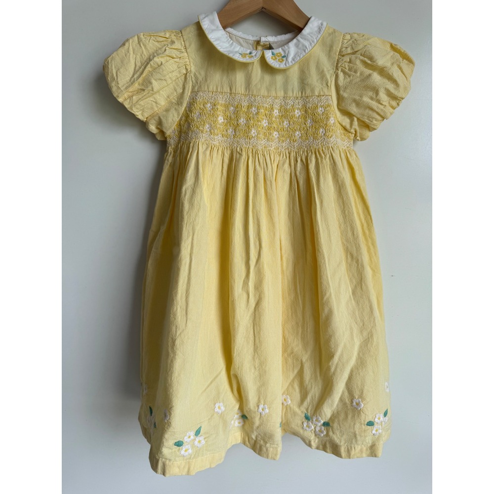 JoJo Maman Bebe Yellow Seersucker Daisy Smocked Floral Dress Cottagecore 4-5Y